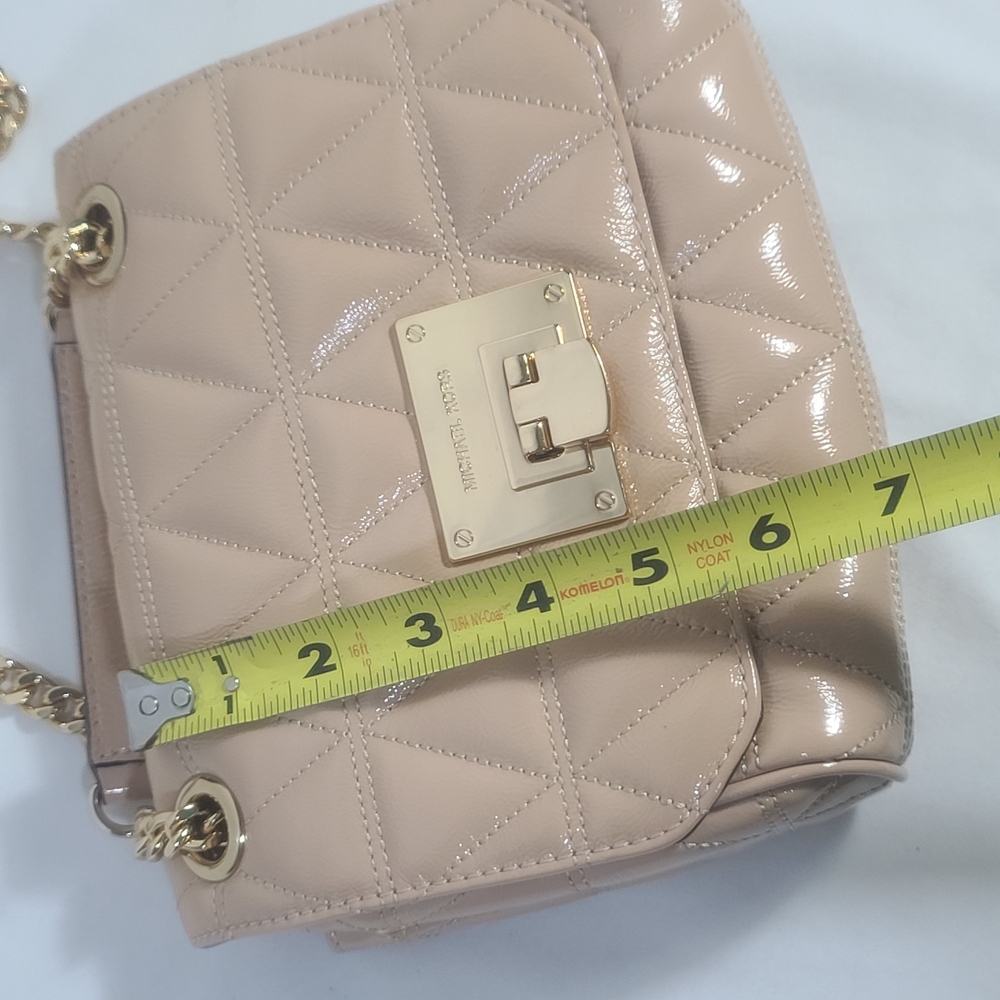 Michael Kors Vivianne Small Flap Shoulder Crossbody Patent Leather Beige Purse - Picture 13 of 16